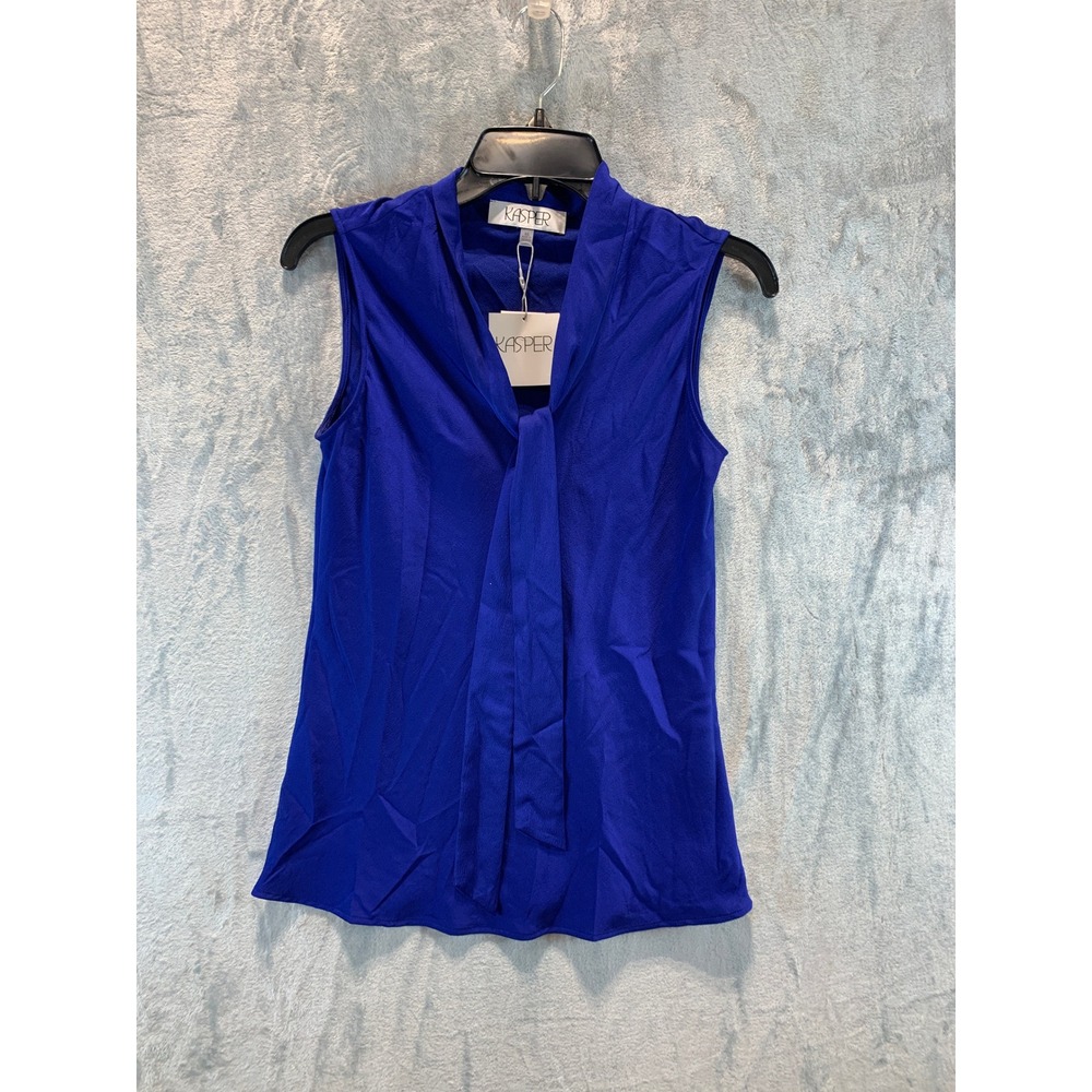 Kasper Womens Royal Blue Tie Neck Sleeveless Blouse XS 10924597-F45 New